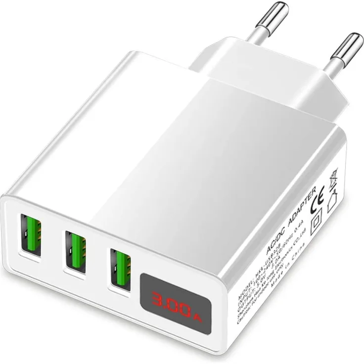 Eaxus USB Ladegerät 3A - 3 Port Handy Netzteil mit LCD-Display & Schnellladefunktion, weiß (85760)