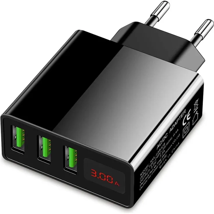 Eaxus USB Ladegerät 3A - 3 Port Handy Netzteil mit LCD-Display & Schnellladefunktion, schwarz (83640)