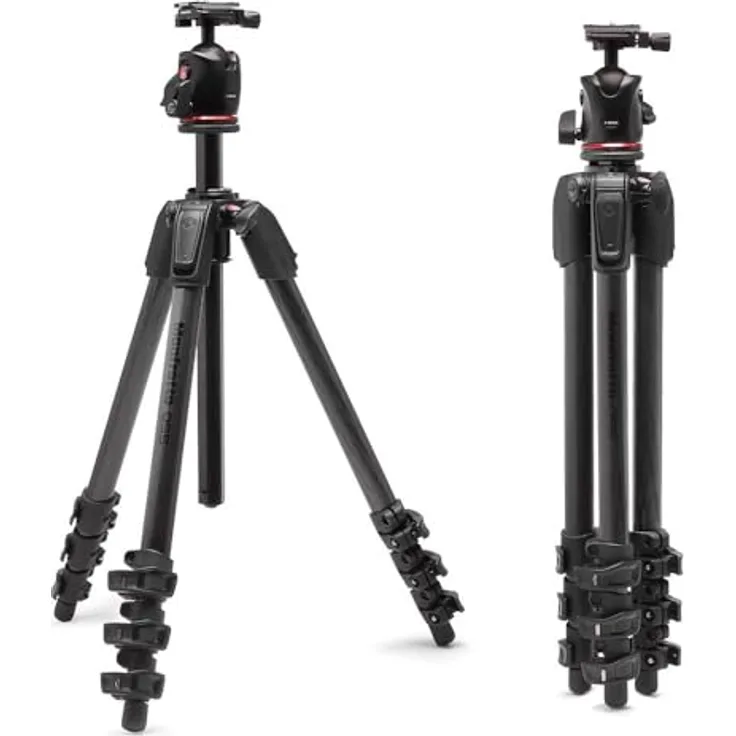 Manfrotto 055XPRO AS Carbonfaser-Kamerastativ Kit mit XPRO-Kugelkopf, 90-Grad-Säule, 15 kg Tragkraft, Arca-Swiss-Platte - portable Stabilität für DSLR/spiegellose Kameras, schwarz
