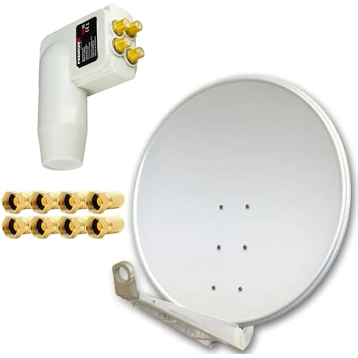 Premium X Deluxe 100cm Satellitenantenne in ALU Hellgrau, Komplettanlage für 4 Teilnehmer mit Quad LNB und 8 F-Steckern – Bild 1