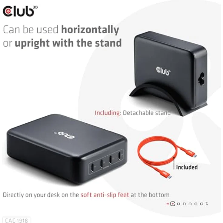 Club 3D CAC-1918 Reiseladegerät, 240W 4xUSB Typ-C mit Power Delivery und GaN-Technologie, Schwarz – Bild 5