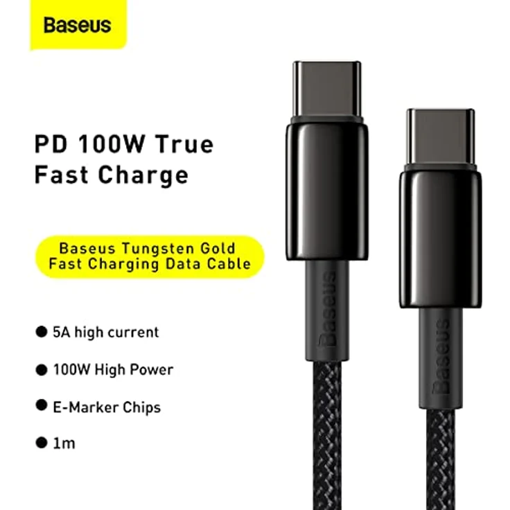 Baseus USB-C Kabel für USB-C Tungsten Gold, 100 W, 1 m, Schwarz – Bild 2