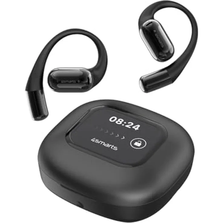 4smarts SkyBuds AI Screen, Open-Ear Bluetooth Kopfhörer mit Touch-Display, 28 Stunden Akkulaufzeit, Schwarz