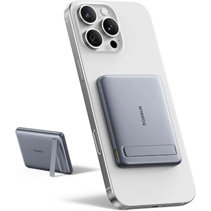 Baseus Mini MagSafe Powerbank 5000mAh, Qi2-zertifiziert mit klappbarem Ständer, PD 20W, magnetisch und kabellos, kompatibel mit iPhone 17/16/15/14/13/12/Pro/Pro Max Serie, Grau – Bild 1