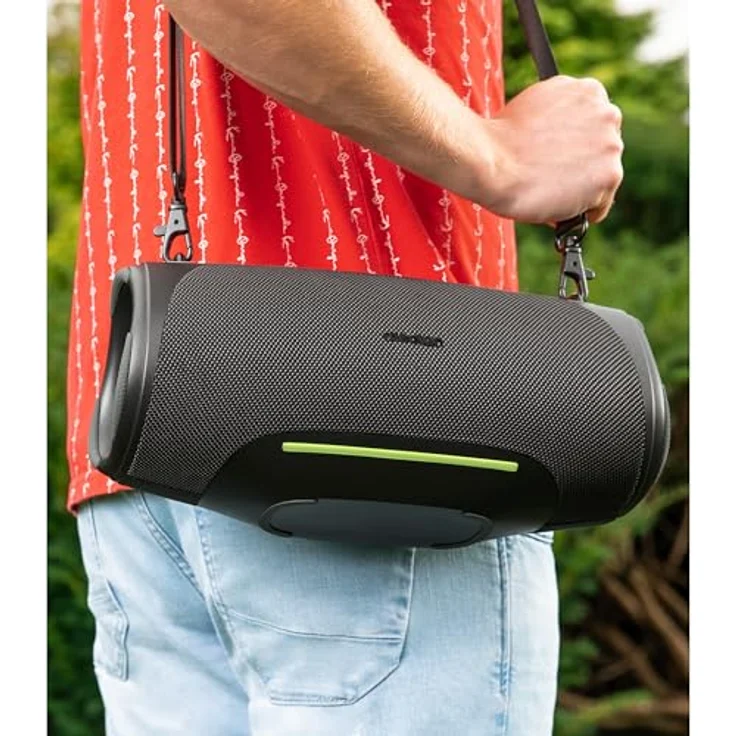 MEDION P61762 tragbarer Bluetooth Lautsprecher (Akku, Bass Boost, RGB Lichteffekte, IPX7 Wasserschutz & robust, integrierte Powerbank, 2X 25 W RMS) Anthrazit – Bild 2