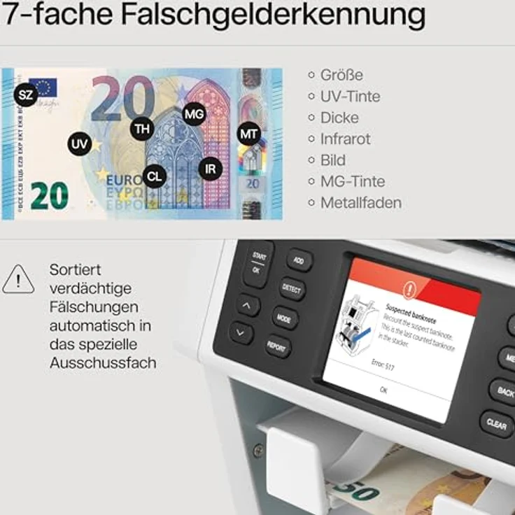 Safescan 2995-SX Geldzählmaschine, mit 7-facher Echtheitsprüfung, gemischte Währungs- und Fitness-Sortierung – Bild 4