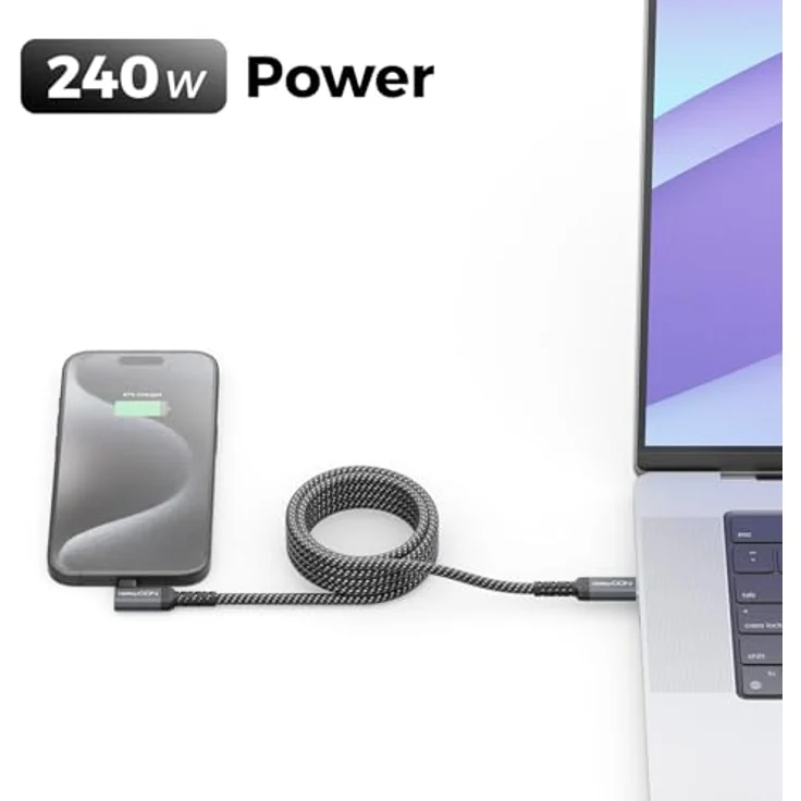 deleyCON 2m 240W USB-C Schnellladekabel, 90° gewinkelt, USB-C auf USB-C, kompatibel mit iPhone 17/16/15, Galaxy A16/A56/S25/S24/S23, Pixel, iPad, MacBook, AirPods, Tablet, Carplay, PS5 – Bild 5