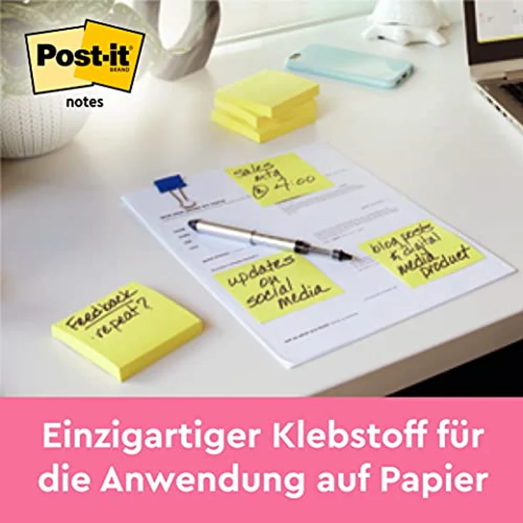 Post-it Notes 654 Haftnotizen, 76 x 76 mm, selbstklebend, gelb, 5 + 1 GRATIS – Bild 3