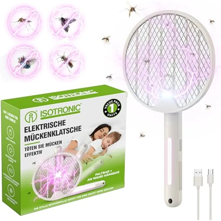 ISOTRONIC Elektrische Fliegenklatsche mit UV-Lichtfalle, faltbar und wiederaufladbar, Insektenvernichter für Innen & Außen mit automatischem Modus, 1 Stück