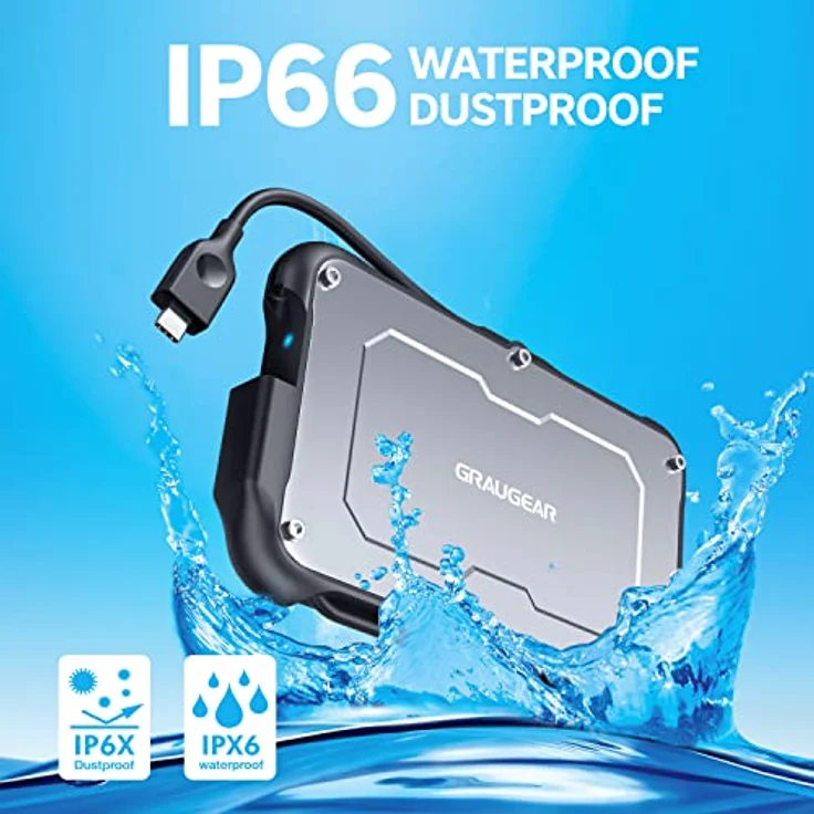 GRAUGEAR | USB-C externes Gehäuse für 2,5“ SATA SSD/HDD | UASP SATA III USB 3.2 Gen2 6 Gbit/s | Spritzwasser geschützt IP66 | Integriertes USB-C Kabel | G-2502-C-10G – Bild 4