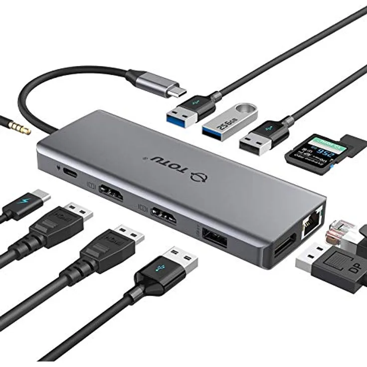 USB C HUB, TOTU 13-in-1 Docking Station (4K Dual HDMI & DP, 75W PD), Triple Displays für USB C Windows Laptops und MacBook Pro, MacOS unterstützt Mirror Display nur, grau, TT-HB010A