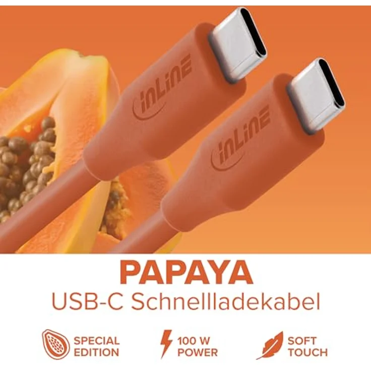 InLine Colour your Charge USB C Kabel 100W, PD Schnellladekabel, Silikon, flexibel, 0,5m, Papaya (orange) – Bild 2