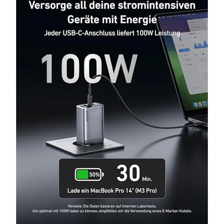 Anker Prime Ladegerät, 100W USB-C Ladegerät, 3 Port GaN faltbares und kompaktes Anker Wandladegerät, für MacBook, iPad, iPhone Modelle iPhone 16, Galaxy S24/S23 und mehr, Schwarz – Bild 3