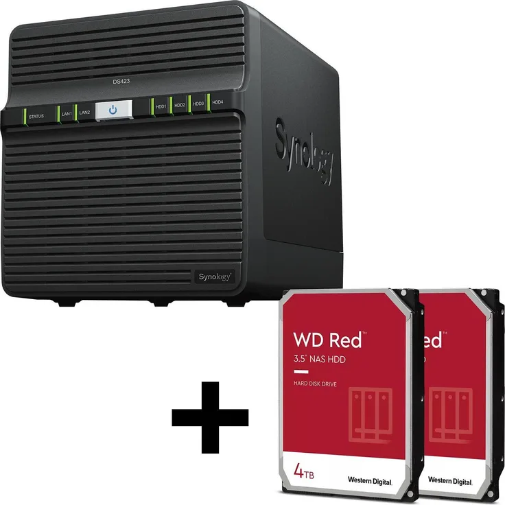 Synology DiskStation DS423, 4 Einschübe NAS-Server Leergehäuse mit 2x WD Red 4TB SATA 3.5" HDD, schwarz