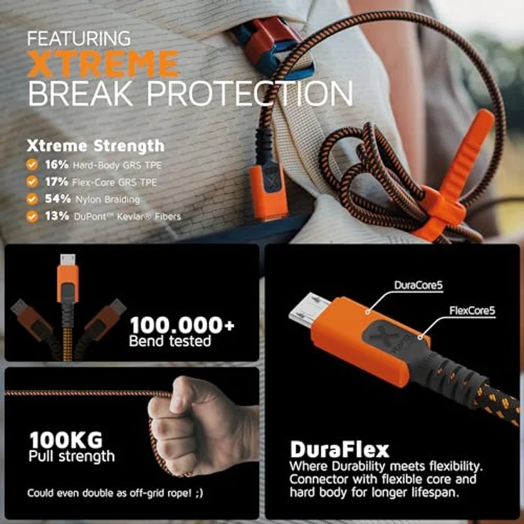 Xtorm Xtreme USB auf Micro USB Kabel, 1,5 Meter, robustes und langlebiges Design, schnelle Lade- und Datenübertragung, Nylon und recycelte Materialien – Bild 4