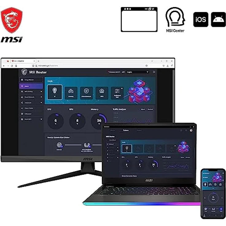 MSI Radix AXE6600 WiFi 6E Tri-Band Gaming Router - Schnelles WLAN bis 6600 Mbit/s (6GHz, 5GHz, 2,4GHz Wireless), AI QoS Priority, MU-MIMO, Beamforming, WPA3, 2.5G WAN/LAN & 4X 1G LAN Anschlüsse - RGB – Bild 3