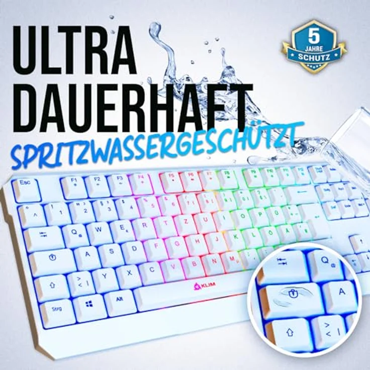 KLIM Chroma Wireless Gaming Tastatur - Kabellos QWERTZ DEUTSCH - NEU 2024 - Langlebig, Ergonomisch, Wasserdicht, Leise - RGB - Weiß – Bild 5