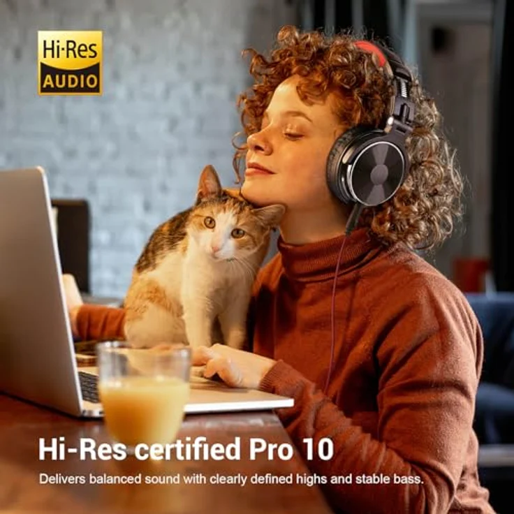 OneOdio OneOdio Pro-10 DJ Over Ear Kopfhörer kabelgebunden Stereo Schwarz, Rote Ohrmuscheln – Bild 5