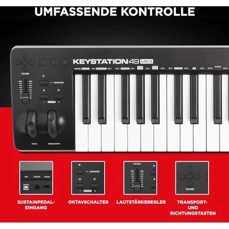 M-Audio Keystation 49 MKIII - Kompakter 49-Tasten MIDI Keyboard Controller mit zuweisbaren Reglern, Pitch- Modulation Rädern, Plug-And-Play (Mac-PC) Konnektivität und Software Production Suite – Bild 4