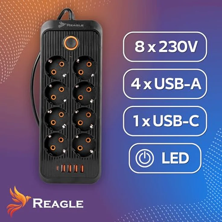 Reagle Steckdosenleiste 8-Fach 230V mit 5 USB-Anschlüssen, Save Energy-Schalter und Überspannungsschutz, 3m Kabel, schwarz – Bild 2