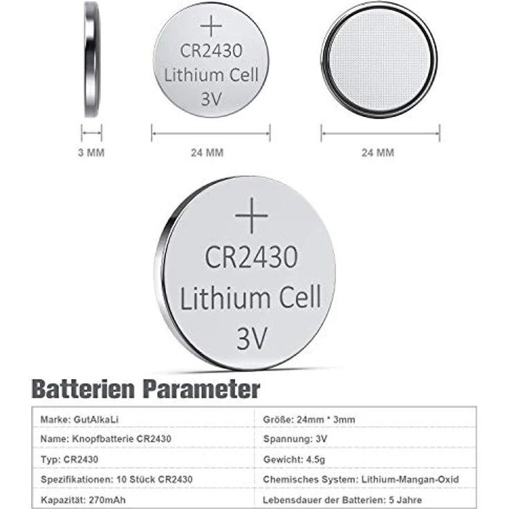 GutAlkaLi 3V Lithium-Knopfzelle CR2430 Batterien, 10er Votivkerzen, Teelichter, Video, Computer, Rechner, IC-Karten, elektrische Produkte – Bild 2