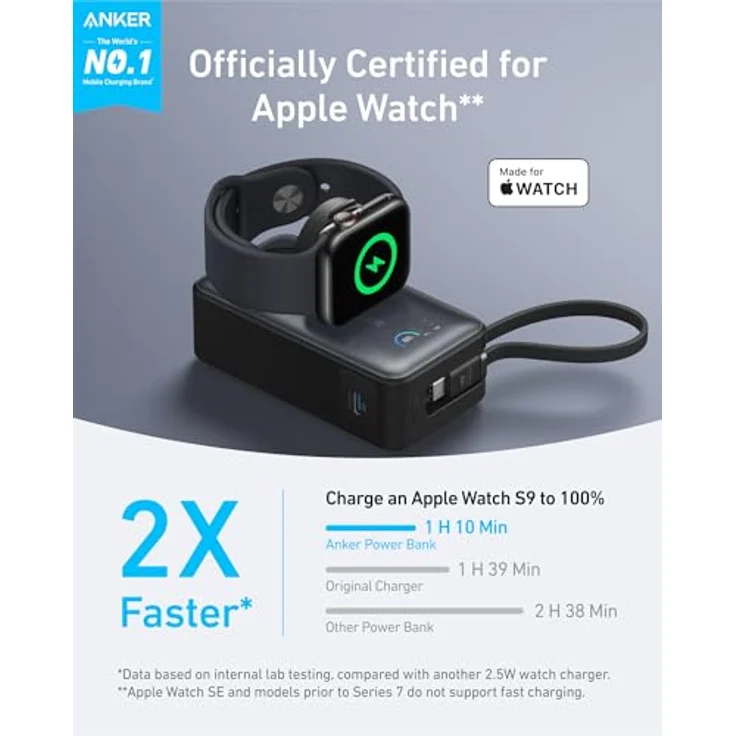 Anker MagGo Powerbank für Apple Watch, 10.000mAh mit integriertem USB-C-Kabel, offiziell zertifiziert, 35W Max. - Blau – Bild 2