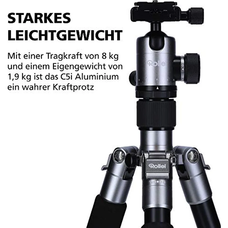 Rollei C5i-kompaktes, leichtes, allround Fotostativ aus Aluminium I 4in1 Stativ verwendbar als Dreibeinstativ, Ministativ, Makrostativ und Monopod, Arca Swiss kompatibel I inkl. Kugelkopf und Stativtasche I Titan – Bild 3