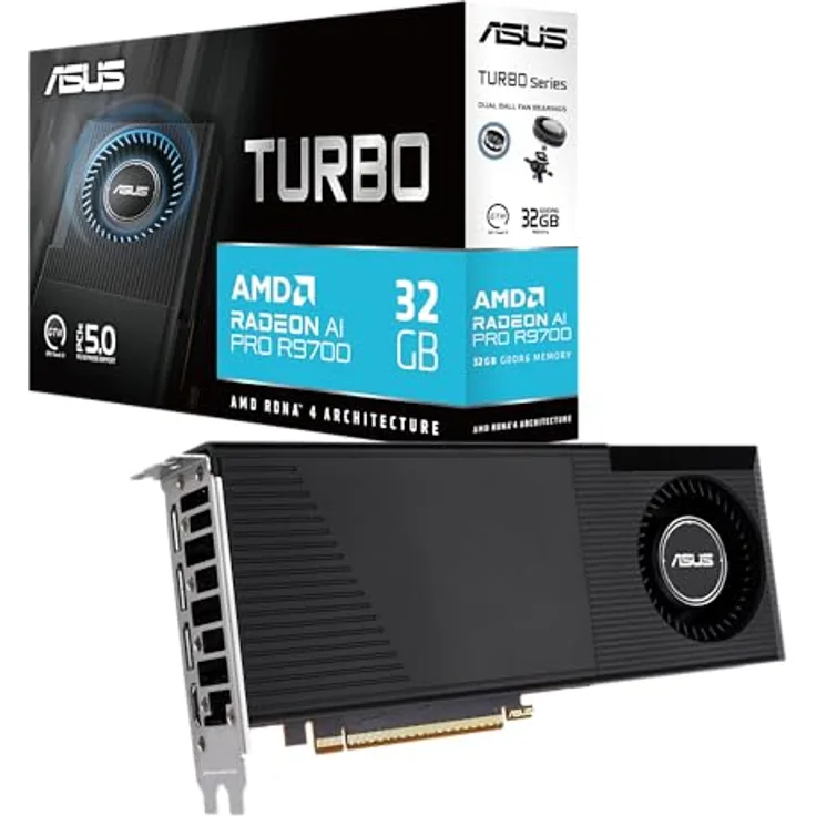 ASUS Turbo Radeon AI PRO R9700, Workstation Grafikkarte mit 32GB GDDR6 VRAM, AMD RDNA 4 Architektur, 2-Slot Design, KI-gesteuerte Workflows, PCIE 5.0, 1x HDMI 2.1b und 3x DisplayPort 2.1a