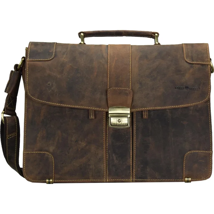 Greenburry Aktentasche Vintage Mappe 2tlg., Notebooktasche, Braun, Hochwertiges Rindleder, Organizer, Abnehmbarer Schultergurt