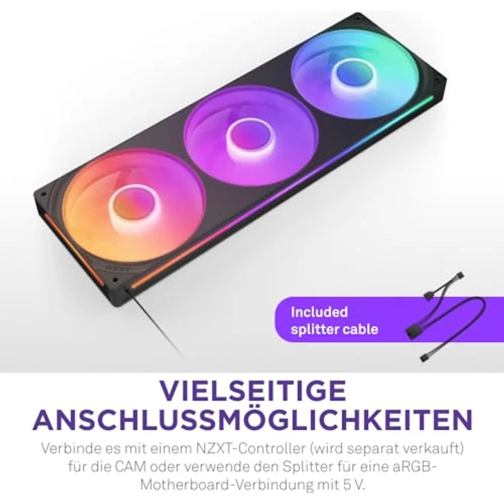 NZXT F360 RGB Core - 360 mm Einzelrahmen-Lüftereinheit mit 3 x 120 mm RGB-Lüftern - Drehzahl- und Beleuchtungssteuerung - Hoher statischer Druck und Luftstrom - 8 aRGB-LEDs pro Lüfter - Schwarz - Gehäuselüfter – Bild 3
