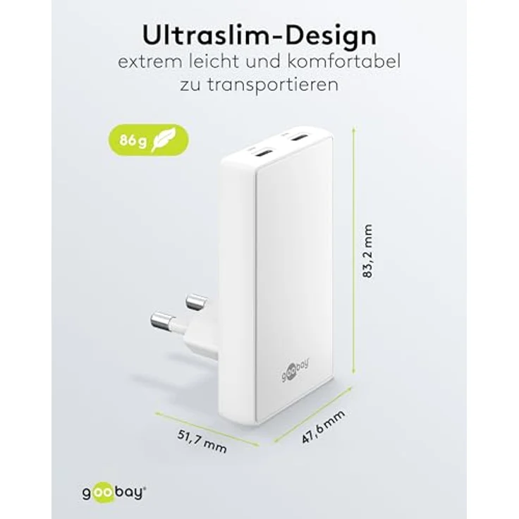 goobay 65W Flaches GaN USB C Ladegerät, Dual-Port (2X USB-C) Schnellladegerät mit 90° Flat Design, ultraflach & platzsparend, für Apple, Samsung, Huawei, Weiß – 75726 – Bild 5