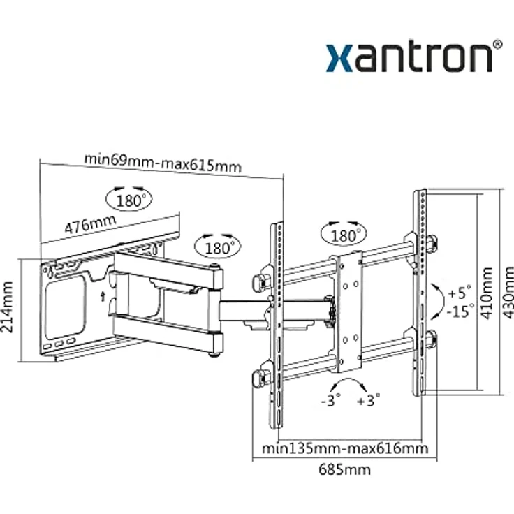 Xantron STRONGLINE-960 Wandhalterung Fernseher Schwenkbar Neigbar Drehbar / 37-70 Zoll TV Halterung/TV Wandhalterung flach/Fernseher Schwenkarm/geringer Wandabstand - inkl. Montagematerial – Bild 4