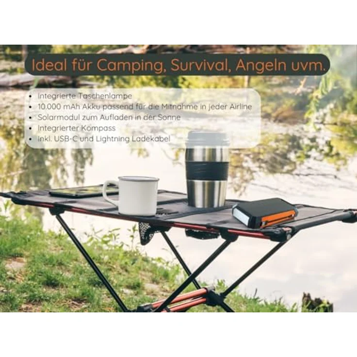 SCHWAIGER SL1000 Solar Powerbank 10.000 mAh Solar-Taschenlampe Solar-Ladegerät Ladestandanzeige Kompass USB-C USB-A Micro-B Camping Flugreise Survival – Bild 3