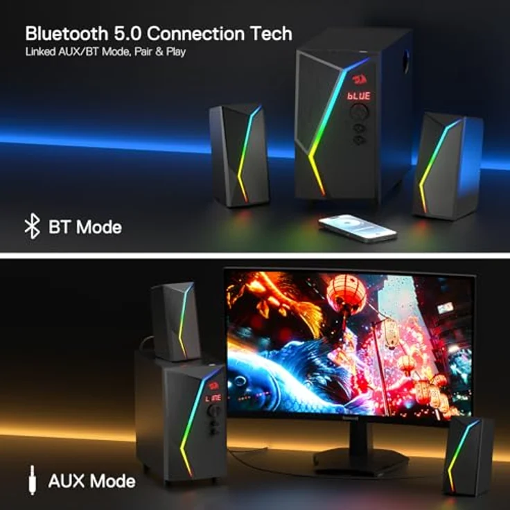 Redragon GS520 PRO, 2.1 PC-Lautsprecher mit 25 W, RGB-Beleuchtung und Bluetooth 5.3, Schwarz – Bild 6