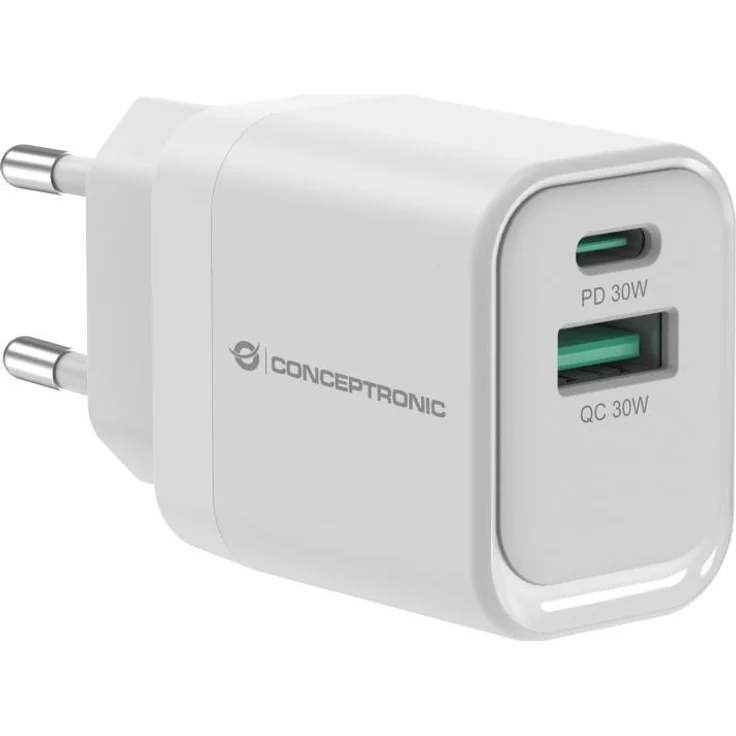 Conceptronic ALTHEA19W33 2-Port 33W GaN USB-PD-Ladegerät, weiß, USB-C x 1, USB-A x 1, QC 3.0, PPS, PD 3.0
