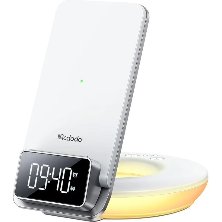 Mcdodo Desktop Wireless Ladegerät inkl. Digitalanzeige (15 W), kabelloses Nachtlicht und Wecker - Weiss