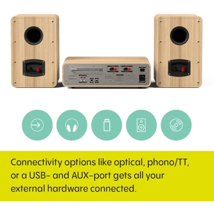 Pure Classic Stereo HiFi Music System (100W Sound, Internet Radio, DAB+/FM, Bluetooth, CD Player, USB and Spotify Connect) Cotton White/Oak, Lautsprecher mit kraftvollem Stereo-Sound – Bild 4