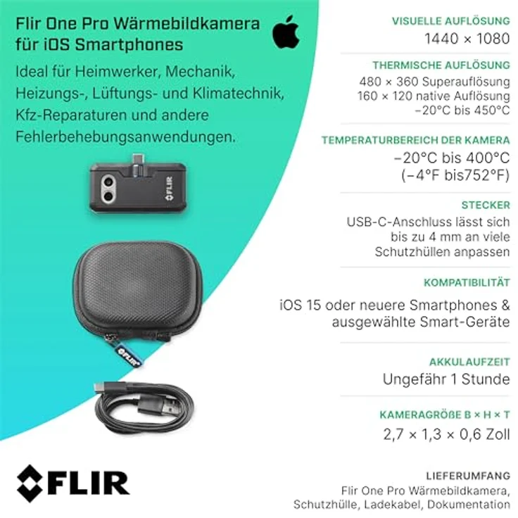 FLIR FP3IC Wärmebildkamera, Schwarz, 160 x 120 Pixel, thermische Empfindlichkeit 150 mK, USB-C, Akkulaufzeit bis 1 Stunde – Bild 9