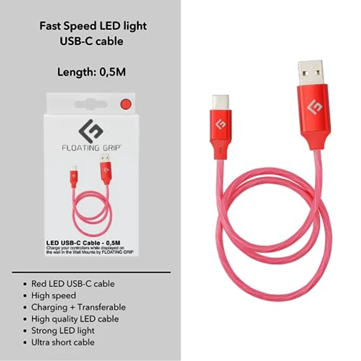Floating Grip 0,5M LED USB-C Kabel (Rot), schnelles Datenkabel mit USB-C und USB-A Anschlüssen, robuste Bauform mit integrierter LED-Beleuchtung – Bild 4