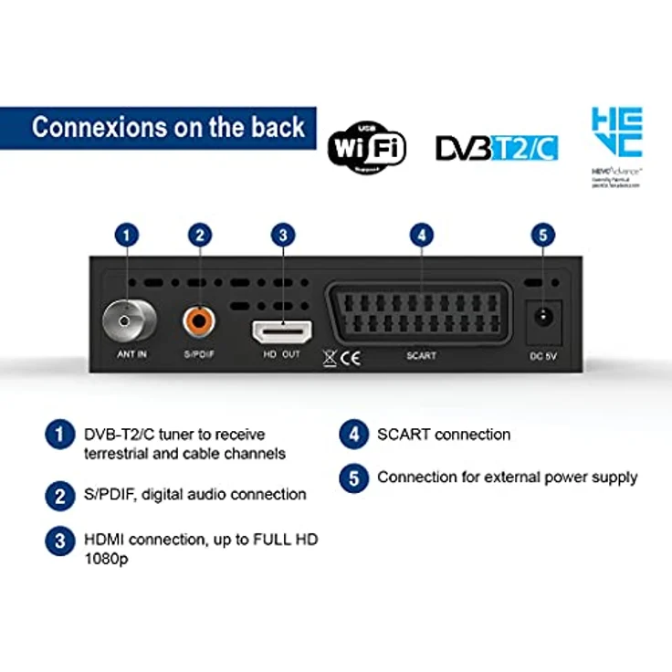 Edision Picco T265+ Terrestrischer DVB-T2 und Kabel DVB-C Receiver, H265 HEVC, FTA Full HD PVR, USB, HDMI, SCART, S/PDIF, IR, USB WiFi Support, Universal 2in1 Fernbedieung, Schwarz – Bild 4