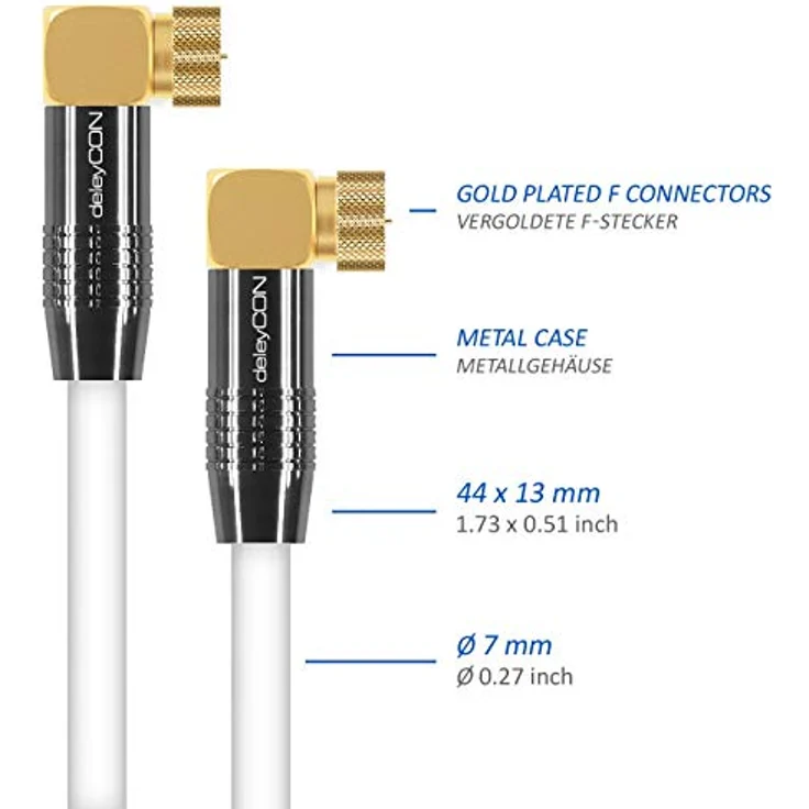 deleyCON 1,5m SAT Antennenkabel PREMIUM HDTV Satellitenkabel gewinkelt Koaxialkabel - F-Stecker (90° Grad) zu F-Stecker (90° Grad) - Weiß - METALL vergoldet – Bild 5
