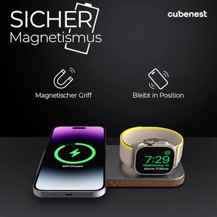 CubeNest Cubenest 2in1 Magnetisches kabelloses Ladegerät Kompatibel mit MagSafe Technologie - Schnellladefunktion Kompatibel mit Apple Watch 7-9 und Ultra 1-2, iPhone 12-15, AirPods 2/3/Pro, Qi-Geräte (Silver) – Bild 5