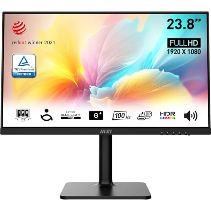 MSI Modern MD2412P Desktop-Monitor 23,8 Zoll (63,8 cm), Full HD – IPS-Panel 1920 x 1080, 100 Hz, Augenkomfort, VESA-Montage, integrierte Lautsprecher, Display-Kit, 4-Fach verstellbar – HDMI 1.4b, USB, Schwarz – Bild 1