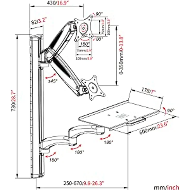 Digitus Workstation, Monitor- und Tastaturhalterung zur Wandmontage für 32 Zoll Monitore, VESA 75x75/100x100, Traglast 8 kg, Weiss/Schwarz – Bild 5