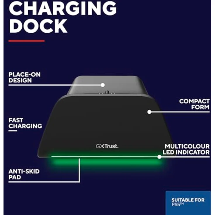 Trust GXT 255, PS5 Controller Ladestation für DualSense mit Place-on Design, LED-Beleuchtung, Antirutsch-Pad und USB-C-C-Kabel, Schwarz – Bild 2