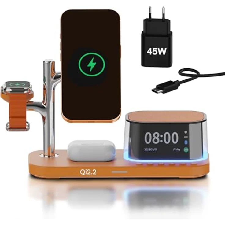 MMOBIEL Kabellose Ladestation 5-in-1 mit Wecker, Bluetooth-Lautsprecher & LED-Nachtlicht – 25W Qi2.2 Magnetisches Ladegerät für iPhone, Apple Watch & AirPods – Cosmic Orange – Bild 1