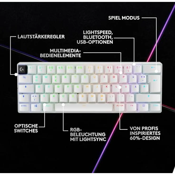 Logitech G PRO X 60 LIGHTSPEED kabellose Gaming-Tastatur, ultra-kompakte mechanische 60%-TKL-Tastatur, LIGHTSYNC RGB, Doubleshot-PBT-Tastenkappen, optische taktile, Windows PC, QWERTZ DE - Weiß – Bild 5