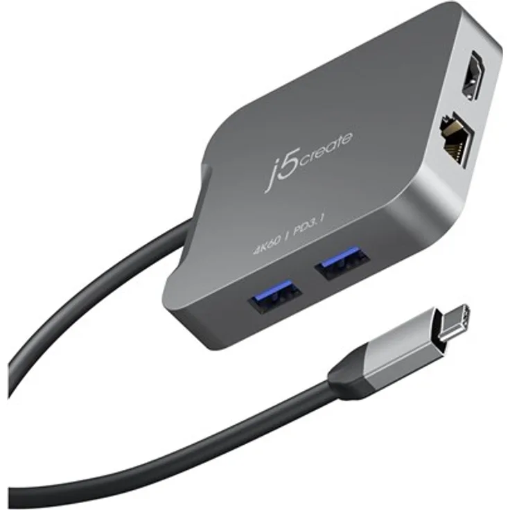 j5create 5-in-1 USB-C Travel Adapter mit Ethernet, 140W PD, Laptop-Dockingstation für Europa