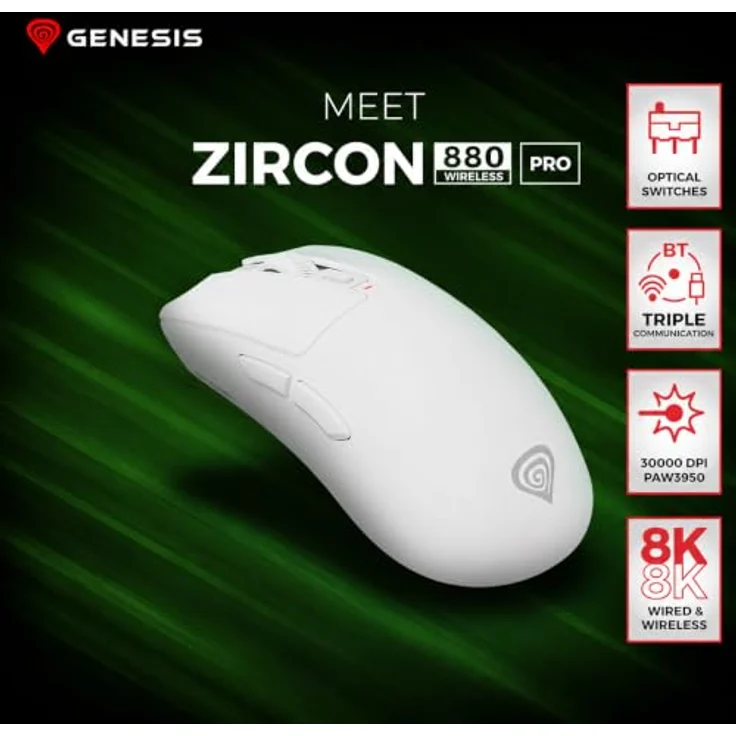 Natec GENESIS Zircon 880 Pro, Optische Wireless Maus mit 30000 DPI, 6 Tasten, Weiß – Bild 2