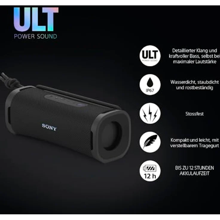 Sony ULT Field 1 - Kabelloser tragbarer Bluetooth-Lautsprecher mit ULT Power Sound, kraftvollem Bass, IP67, wasserdicht, staubdicht, stoßfest, 12h Akku, klare Gesprächsqualität, Outdoor- Schwarz – Bild 2